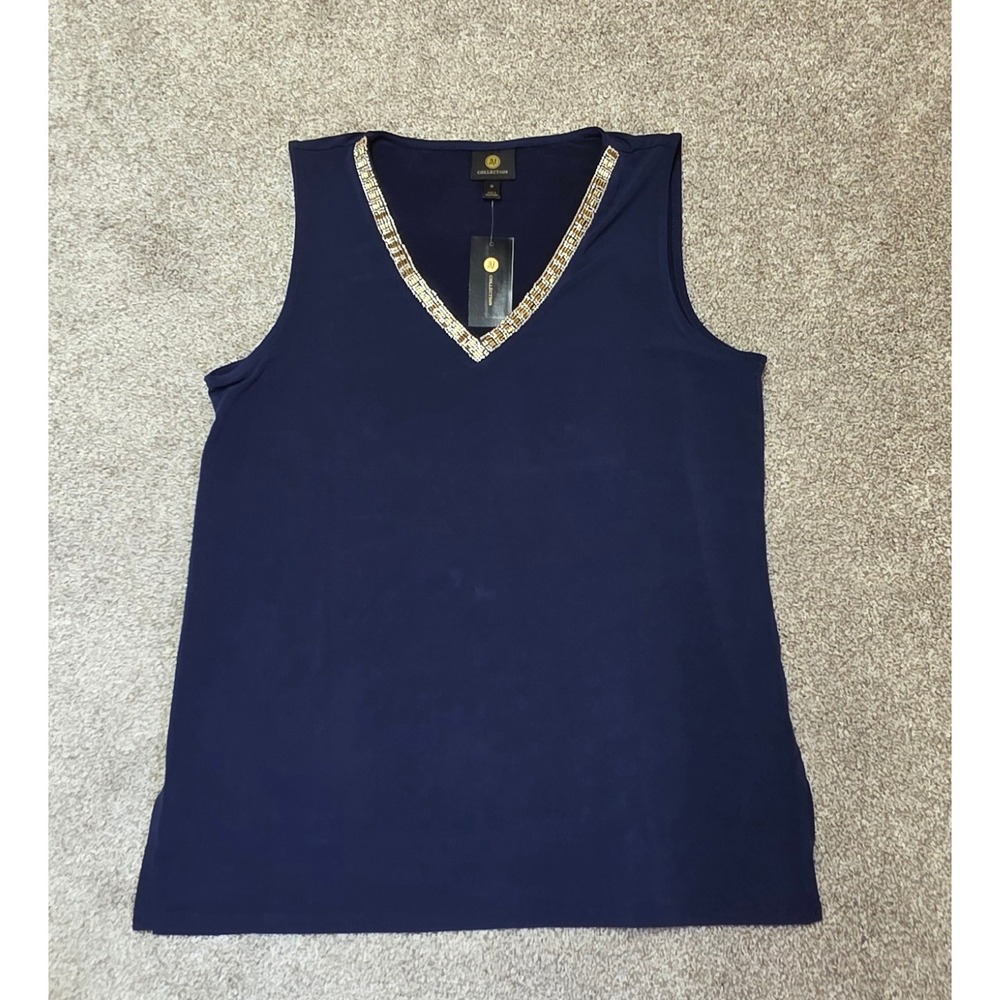 JM Collection Intrepid Blue Beaded V-Neck Sleeveless Top Medium 
399